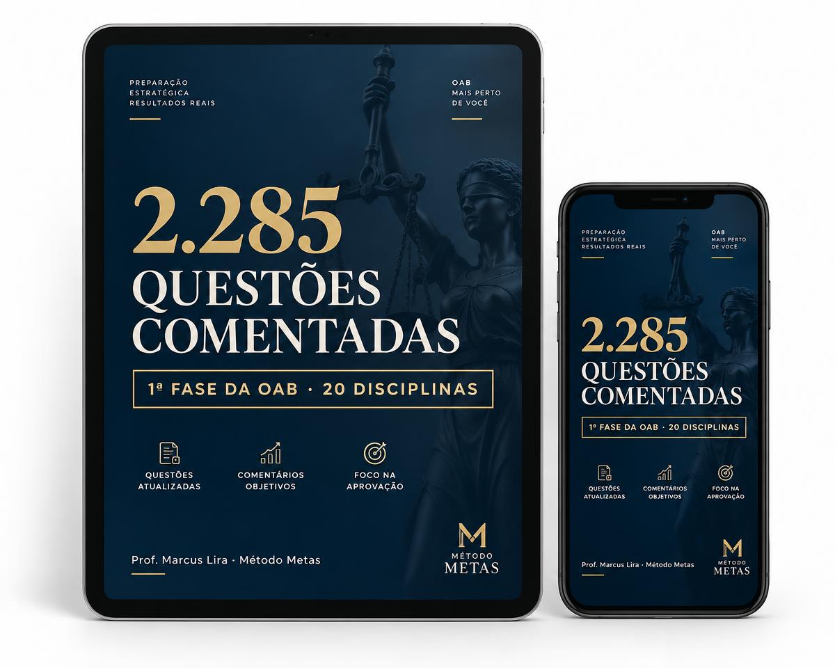 Ilustração do material 2.285 Questões Comentadas exibido em tablet e smartphone